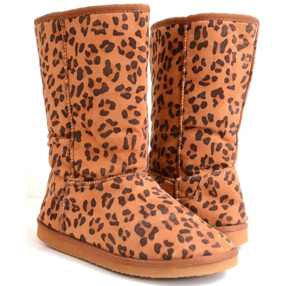 Y2K Soda Leopard Print Fleece Shearling Vegan Warm Boots Women's Size 8.5 - Picture 1 of 5